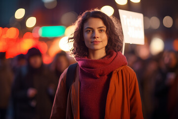 Young woman activist in the street at night, selective focus.