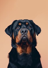 Rottweiler dog on a peach background in the studio. - obrazy, fototapety, plakaty