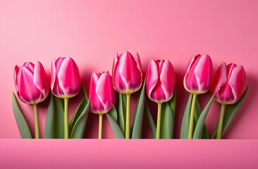 Bouquet of pink tulips on a pink background. International Women's Day, Mother's Day, Valentine's Day, birthday celebration concept. Greeting card. Copy space