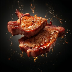 fried meat in the air on a dark background
