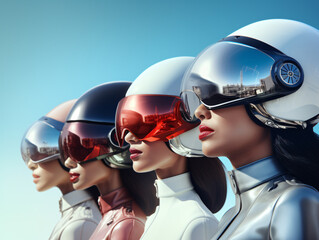 Moda futurista de mujeres con cascos futuristas y ropa colores mate