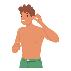 Fototapeta premium Man Delicately Refining His Appearance, Cleaning Ears With Precision, Embracing Subtle Beauty Ritual With Care And Grace