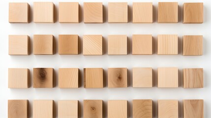 Small empty wooden blocks arranged in a neat row on a white background for text placement