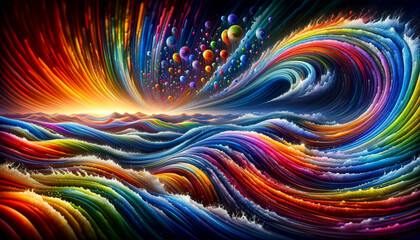 Fototapeta premium abstract representation of water and rainbows with waves and droplets in vibrant colors