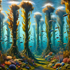 A surrealistic artwork portraying an underwater forest. Instead of trees, towering seaweeds and kelp form the forest.