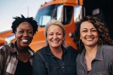 Group portrait of diverse middle aged female truck drivers