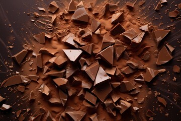 A collage of chocolate shards and crumbs arranged in an abstract formation, showcasing the beauty of imperfection.