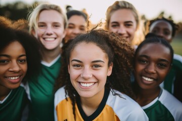 Group portrait of female soccer team on football field - obrazy, fototapety, plakaty