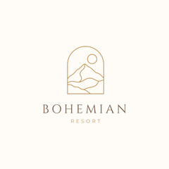 Desert boho logo with sun and palm tree golden line icon, abstract design element in modern boho style