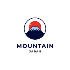 fuji mountain logo illustration with sun icin design vector in badge style