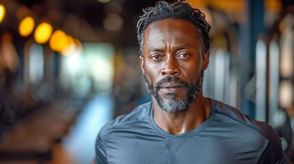 Portrait of a middle-aged black man while running inside a gym generative ai - obrazy, fototapety, plakaty