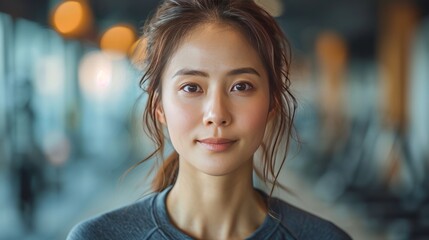 Portrait of Chinese woman while running inside a gym generative ai