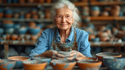 Senior woman kneading clay in bowl shape at the workshop, generative ai - obrazy, fototapety, plakaty