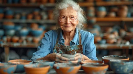 Fotobehang Senior woman kneading clay in bowl shape at the workshop, generative ai © Krisana