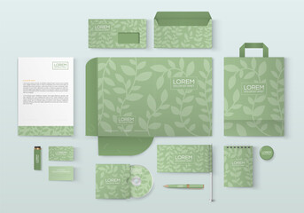 Green stationery template design with floral ornament. Set of business corporate identity mock up. Documentation for business.
