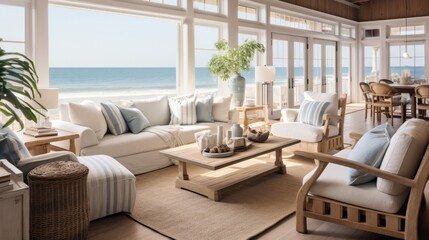 beautiful small space casual living family room soft neutral wood beams  and a gorgeous grouping of swivel color fabric chairs around a striking coffee table coastal design nature freshness home