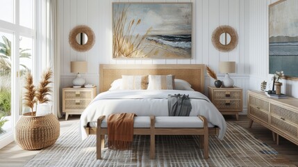 natural coastal interior bedroom beautiful example of modern coastal style including a soft natural color palette, natural elements cane bed blue and white patterned rug and white nights house design