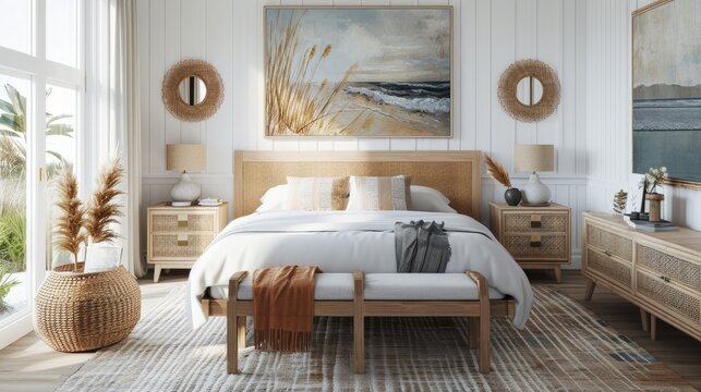 natural coastal interior bedroom beautiful example of modern coastal style including a soft natural color palette, natural elements cane bed blue and white patterned rug and white nights house design
