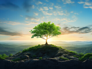 Panorama small tree growing with sunrise, green world and earth day concept