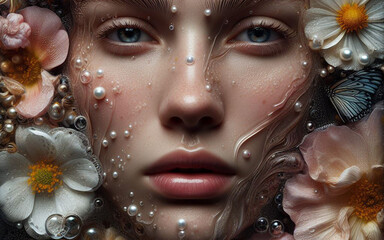Obraz premium girl face floats above the surface of the water Surrounded by many kinds of flowers realistic fantasy pictures