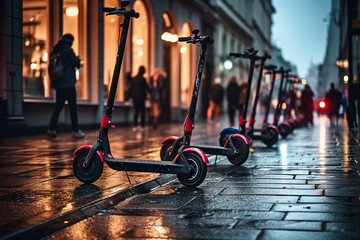 parking of electric scooters on wet pavement in the evening - obrazy, fototapety, plakaty