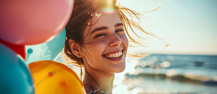 A joyful woman embraces the carefree spirit of a beach party, her smile as bright as the colorful balloons floating against the backdrop of the clear blue sky