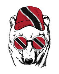 Brown bear's hand drawn portrait. Patriotic sublimation in colors of national flag on white background. Trinidad and Tobago