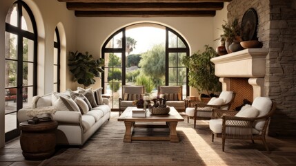 mediterranean space adjacent to the kitchen, called a living room, incorporates soft neutrals, wood beams, and a gorgeous grouping of swivel yellow fabric chairs in beautiful home interior design idea