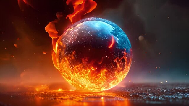 Glowing energy effect ying-yang. Futuristic glowing fire and ice 3d sphere ball of glowing orange and blue particles. Neon sphere in the Universe. Abstract technology, science and artificial