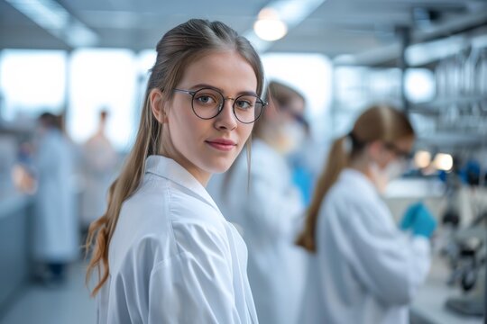 A young female scientist wearing a white lab coat and glasses in a medical laboratory or hospital, confidently looking at the camera with a backdrop of scientific equipment and people working