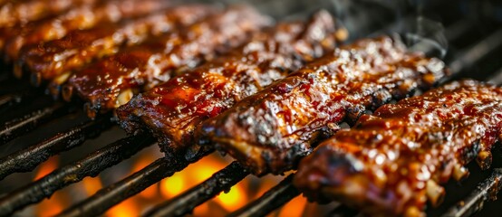A mouth-watering platter of succulent ribs sizzling on a charcoal grill, showcasing the flavorful diversity of global cuisine from churrasco to kebab to yakitori - obrazy, fototapety, plakaty