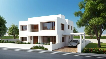 Fototapeta premium Modern white house, two-story residential building, suburban home exterior, 3D rendering