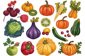 Autumn harvest fruits and vegetable. Clip art illustration set. Watercolor style