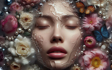 girl face floats above the surface of the water Surrounded by many kinds of flowers realistic fantasy pictures
