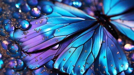 Close up of iridescent butterfly wings  delicate patterns and vivid hues in natural light.