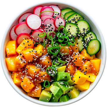 Hawaiian Pokebowl salad isolated on white transparent, top view PNG