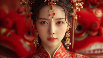 Fototapeta premium A Chinese young woman in traditional costumes with lion dancers. generative ai