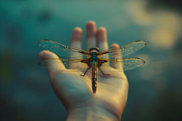 Obraz premium a dragonfly, insect on a person’s hand, top view, in the style of light yellow and blue, chilling creatures, symbol of change