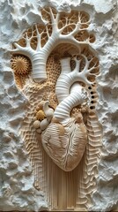 Installation of a human heart made of stone, close-up. Concept: Design. Sandstone white