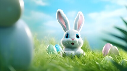 Fototapeta premium Easter bunny and easter eggs on green grass.