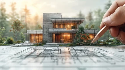 Foto op Plexiglas Architecht drawing a sketch for a new house generative ai © Suralai