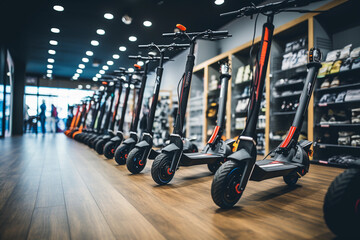 powerful electric scooters stand in a row in the store - obrazy, fototapety, plakaty