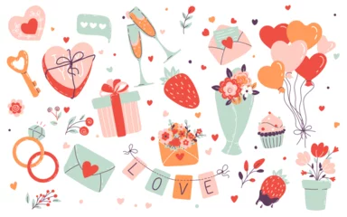 Rollo Valentines day elements vector set. Gifts, hearts, envelopes, desserts, floral bouquets and locks isolated on white bacground. Flat style. Cartoon vector illustration © Katerina