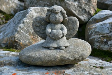 Fototapeta na wymiar Stone angel holds a heart in his hands, close-up. Concept: Sculpture, design, figurine, landscape decor
