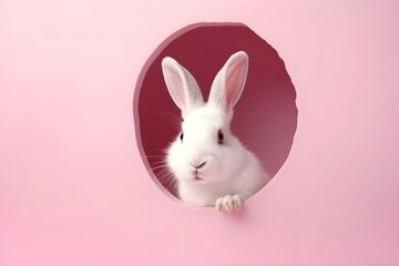 White rabbit peeking out of hole in pink paper background. Easter concept.