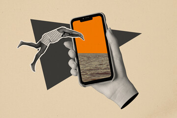 Photo collage pbanner arm holding smartphone screen display seaside ocean water happy funny guy...