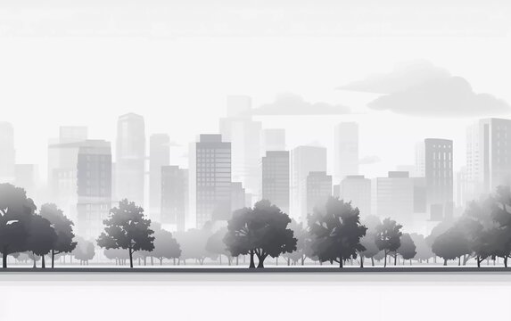 Light gray cityscape background. City buildings with trees in park view. beautiful city view