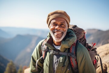 Obraz premium Portrait of a smiling senior man hiking in the mountains