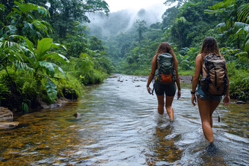 Viajeros aventureros haciendo ruta de senderismo en un paisaje natural natural, turismo sostenible