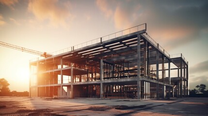 building under construction with a beautiful sunset with clouds - obrazy, fototapety, plakaty